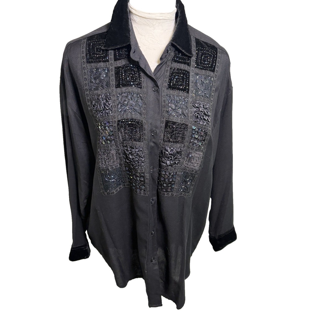 Vtg 90's DD Designs Beaded Patchwork Button Up Shirt~M~Black Oversized Goth Boho